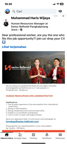 info Loker Human Resources(HR)Administrator-Swiss BelHotel-Pangkalpinang-Bangka