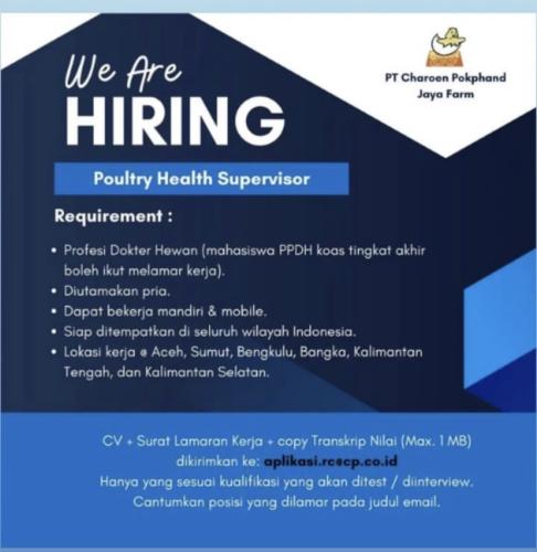 info Loker Poultry Health Supervisor-PT Charoen Pokphand Jaya Farm