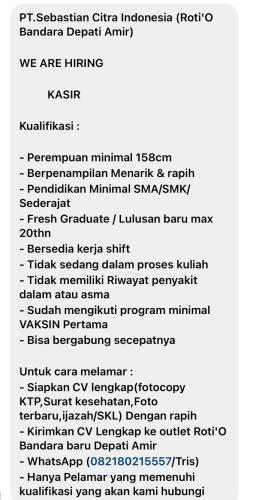 info Loker KASIR-PT Sebastian Citra Indonesia(Roti'O Bandara Depati Amir)