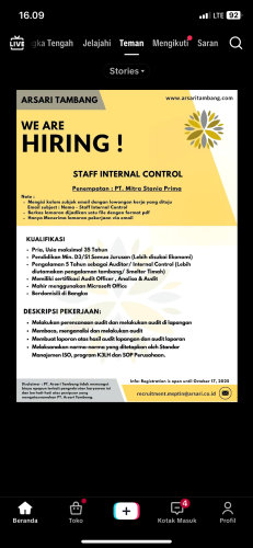 info  Loker Staff Internal Control,Analis Mikroskop & Foreman Operation-ARSARI TAMBANG Bangka