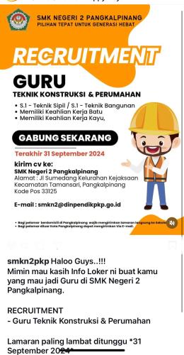 info Loker GURU TEKNIK KONSTRUKSI & PERUMAHAN-SMKN 2 Pangkalpinang