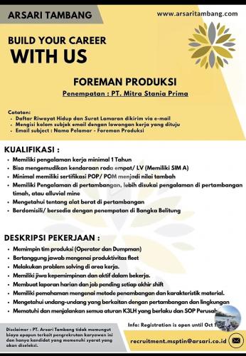 info Loker 7 Posisi di ARSARI TAMBANG Bangka