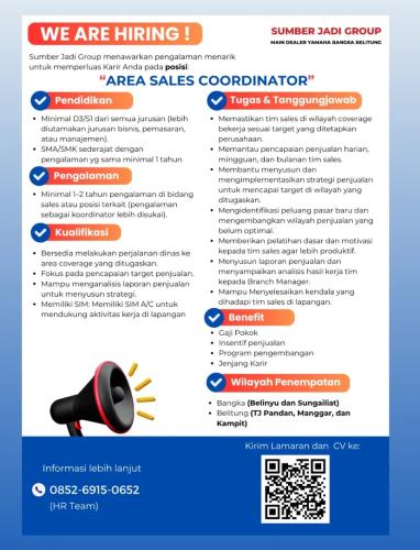 info  Loker AREA SALES COORDINATOR-Sumber Jadi Group-YAMAHA  Bangka Belitung