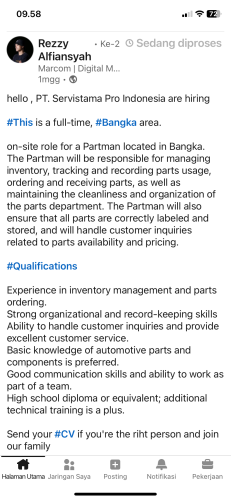 info Loker PARTMAN-PT Servistama Pro Indonesia-penempatan Bangka