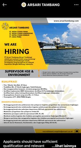 info Loker SUPERVISOR HSE-ARSARI TAMBANG-Bangka