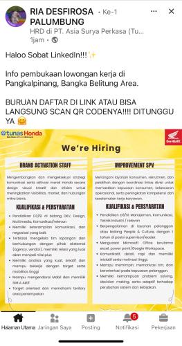 info Loker Brand Activation Staff & Improvement SPV-TUNAS HONDA Pangkalpinang