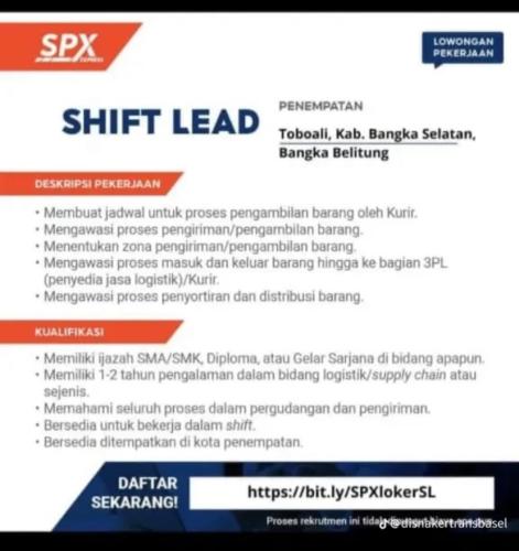 info Loker SHIFT LEAD-SPX Express-Penempatan Bangka Selatan