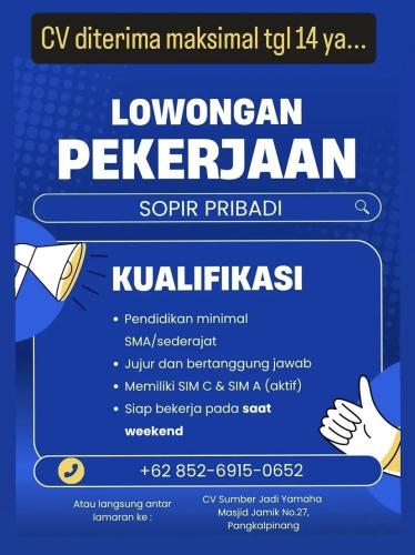 info Loker CV SUMBER JADI YAMAHA-Pangkalpinang