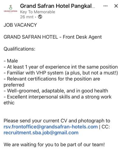 info Loker Front Desk Agent-Grand Safran Hotel Pangkalpinang