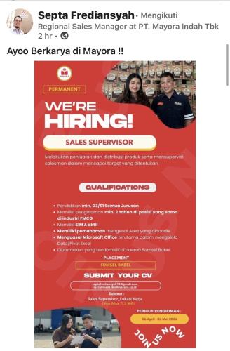 info LOker MAYORA-Sumsel Babel