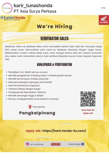 info Loker Verifikator Sales & CRM Staff-PT ASIA SURYA PERKASA(Tunas Honda)