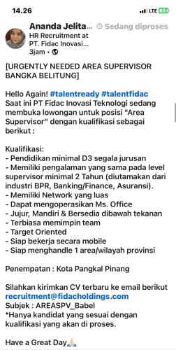 info Loker Area Supervisor-PT FIDAC INOVASI TEKNOLOGI-Pangkalpinang