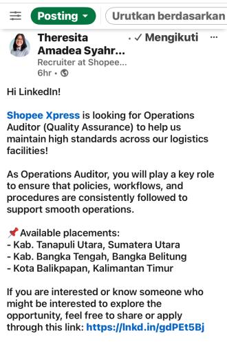 info Loker Operations Auditor/Quality Assurance-Shopee Xpress-Bangka Tengah