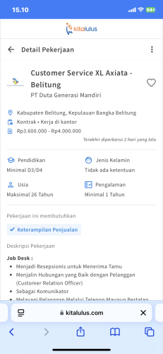 info Loker Customer Service XL Axiata Belitung