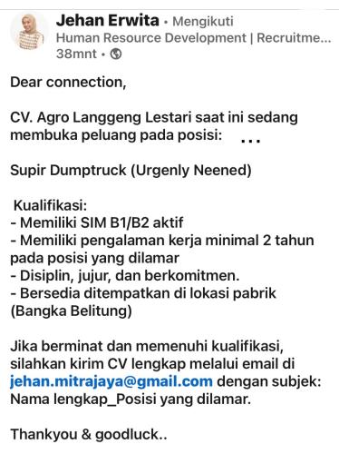 info Loker Supir Dumptruck-CV Agro Langgeng Lestari-Bangka Belitung