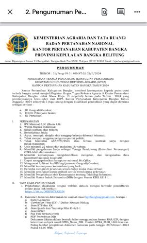 Diperlukan 3 personal Tenaga Pendukung Kegiatan Gugus Tugas Reformasi Agraria-BPN Bangka