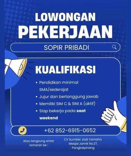 info Loker SOPIR PRIBADI-CV SUMBER JADI YAMAHA Pangkalpinang