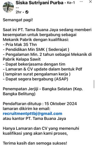 info Loker Mekanik Pabrik-PT Tama Buana Jaya-Bangka Selatan