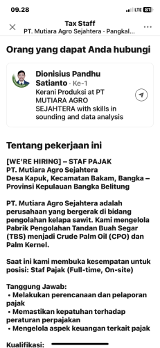 info Loker Staf Pajak-PT Mutiara Agro Sejahtera-Bakam/Bangka Barat