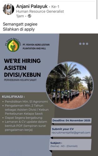info  Loker Asisten Divisi/Kebun-PT FENYEN AGRO LESTARI-Bangka