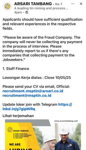 info Loker Staff Finance-Arsari Tambang-Bangka