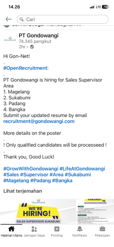 info Loker SALES SUPERVISOR-PT GONDOWANGI