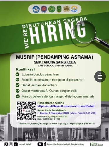 info Loker MUSRIF(Pendamping Asrama) 