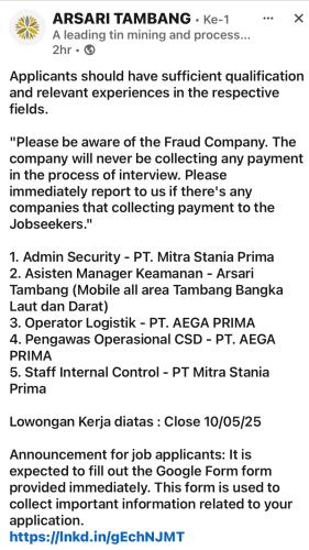 info Loker Admin Sekurity,asisten Manager Keamanan,Operator Logistik,Pengawas Logistik & Staff Internal Control-ARSARI TAMBANG Bangka