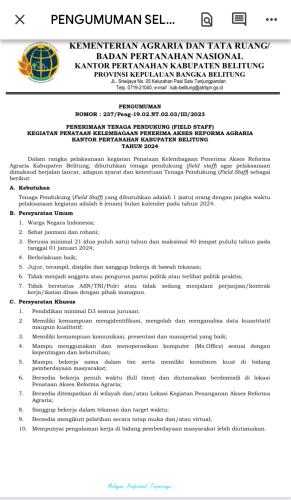 PENERIMAAN TENAGA PENDUKUNG (FIELD STAFF)  KEGIATAN PENATAAN KELEMBAGAAN PENERIMA AKSES REFORMA AGRARIA  KANTOR PERTANAHAN KABUPATEN BELITUNG  TAHUN 2024