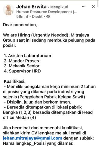 info Loker Mandor Proses,Asisten Laboratorium & Mekanik Senior-Mitrajaya Group-Bangka