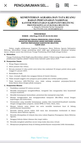 Penerimaan Tenaga Pendukung Penanganan Akses Reforma Agraria-Belitung