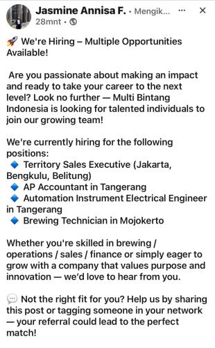 info Loker Territory Sales Executive-Multi Bintang Indonesia -Belitung