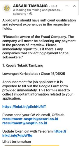 info Loker Kepala Teknik Tambang-PT MITRA STANIA Kemingking