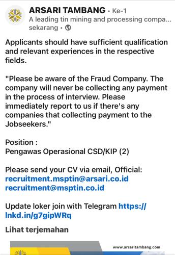 info Loker Pengawas  Operasional CSD-Arsari Tambang-Bangka