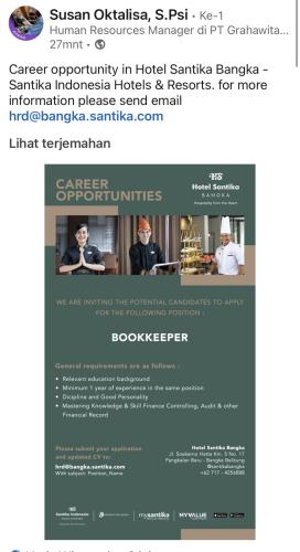 info Loker BOOOKEEPER-Hotel Santika Bangka