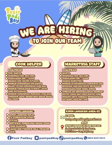 info Loker COOK HELPER & MARKETING STAFF-Pasir Padi Bay-Pangkalpinang