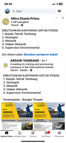 info Loker Kepala Teknik Tambang,Geologist,Mekanik,Helper Mekanik & Supervisor Environmental-Mitra Stania Prima/Arsari Tambang-Bangka