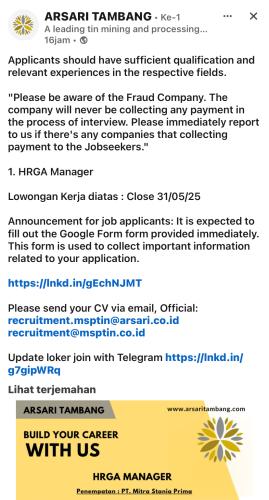 info Loker HRGA Manager-PT MITRA STANIA PRIMA-Bangka