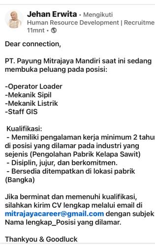 info Loker Operator Loader,Mekanik Sipil,Mekanik Listrik & Staff GIS-PT Payung Mitrajaya-Bangka