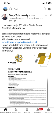 info Loker Asistant Manager GA-PT Mitra Stania Prima-Bangka