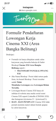 info Loker CASHIER-Cinema XXI-Transmart Pangkalpinang