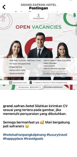 info Loker Revenue Analist,Admin HR & HRM,FO Team,Engineering,F&B Team(cashier,waitress,cook),Admin Sales,SAles Manager,Cost Control & Admin General Manager-Grand Safran Hotel-Pangkalpinang