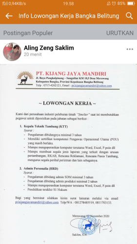 Info Loker Kepala teknik tambang & Admin HRD @Bangka