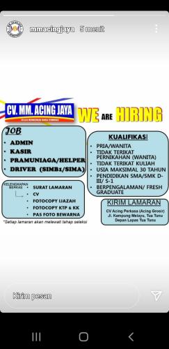 info Loker Admin, kasir, helper & Driver @mmacingjaya-Pangkalpinang