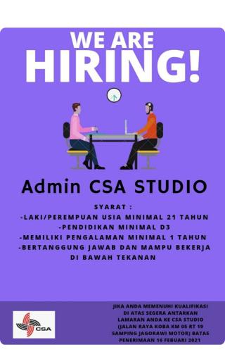 info Loker ADMIN CSA Studio @jalan Raya Koba-samping Jagorawi motor