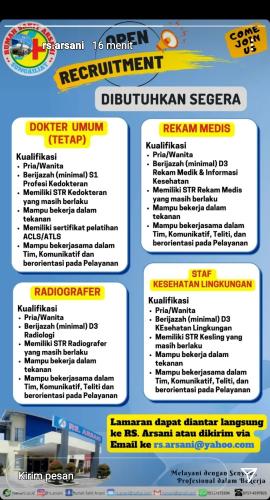 info Loker Rekam Medis,Radiografer,staf kesehatan Lingkungan & dokter umum tetap-Rumah Sakit Arsani-Sungailiat Bangka-