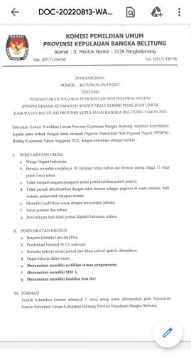 Info Loker Personil Keamanan Sekretariat KPU Kabupaten Belitung Tahun 2022