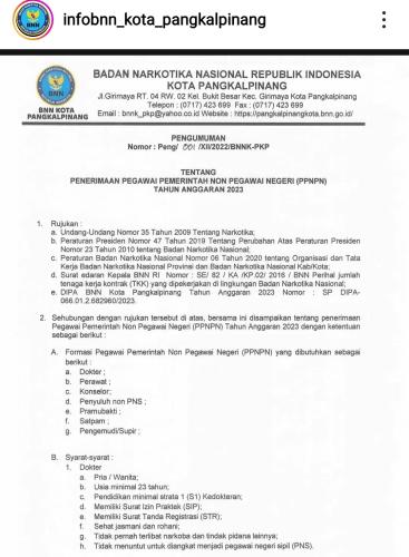 info Loker Pengemudi/Driver,Satpam,Pramubakti,Penyuluh non PNS,Konselor,Perawat & dokter-Badan Narkotika Pangkalpinang Tahun Anggaran 2023