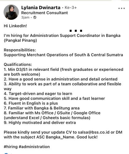 info Loker Administration Support Coordinator-Bangka-Pangkalpinang