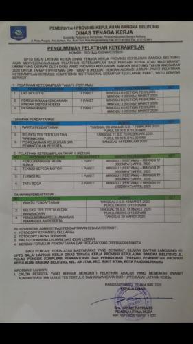 pelatihan kejuruan Tahun anggaran 2020 di BLKI Babel di mulai